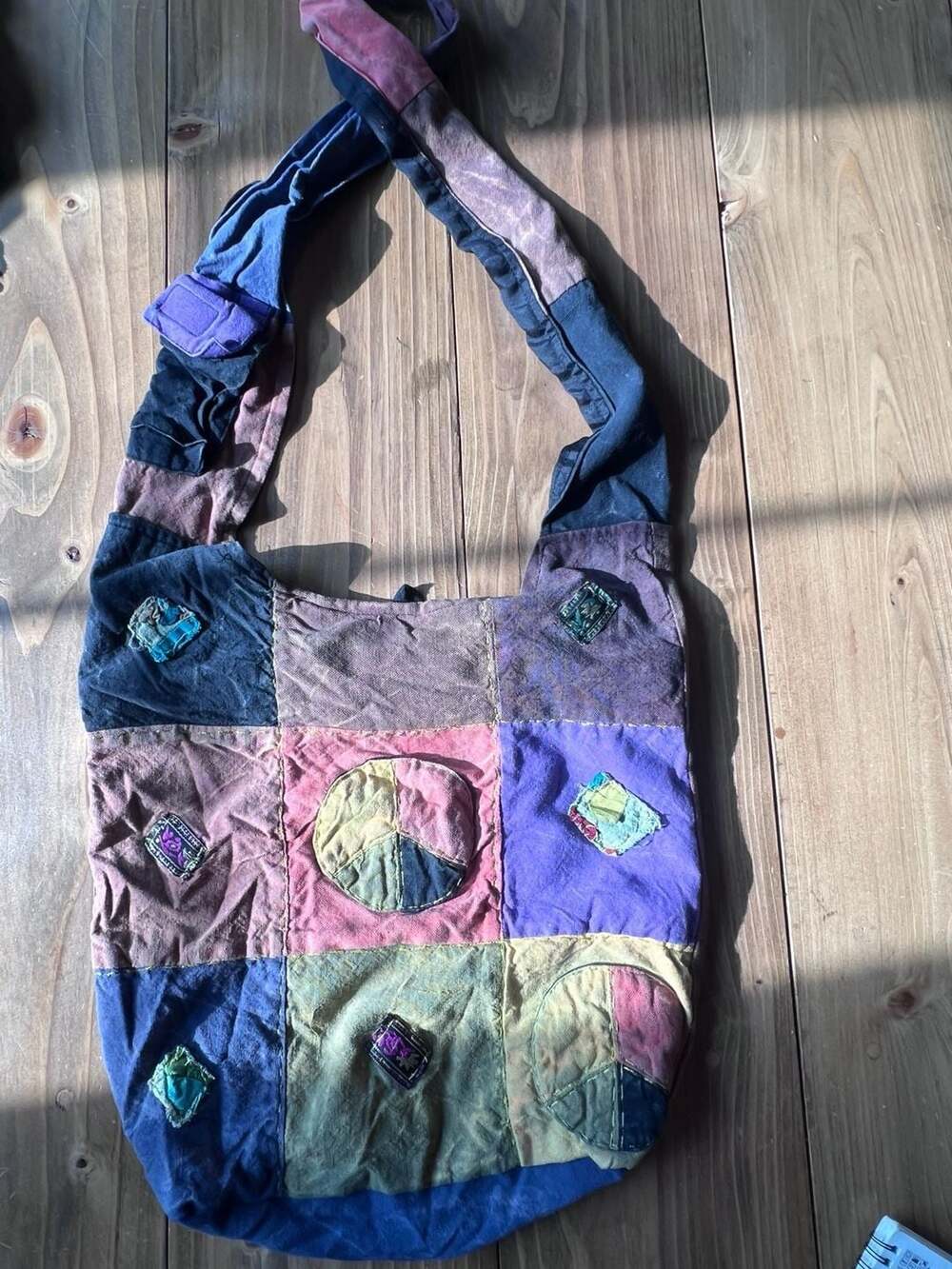 KPC Patchwork Boho Hippie Cotton Crossbody Hobo Shoulder Bag with Peace Sign